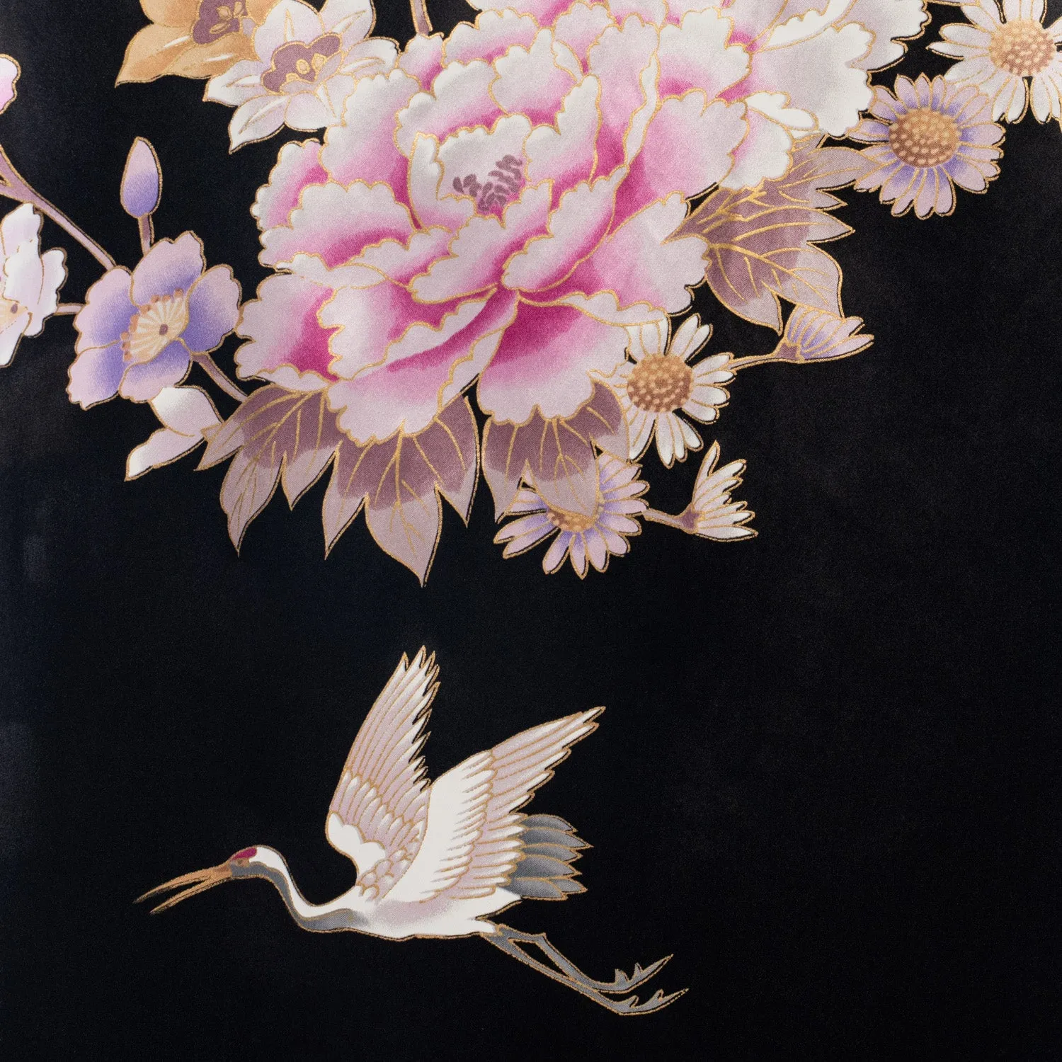 Long Black Silk Floral Crane Japanese Kimono