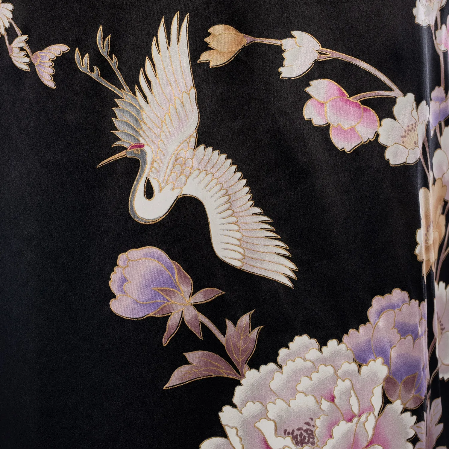 Long Black Silk Floral Crane Japanese Kimono
