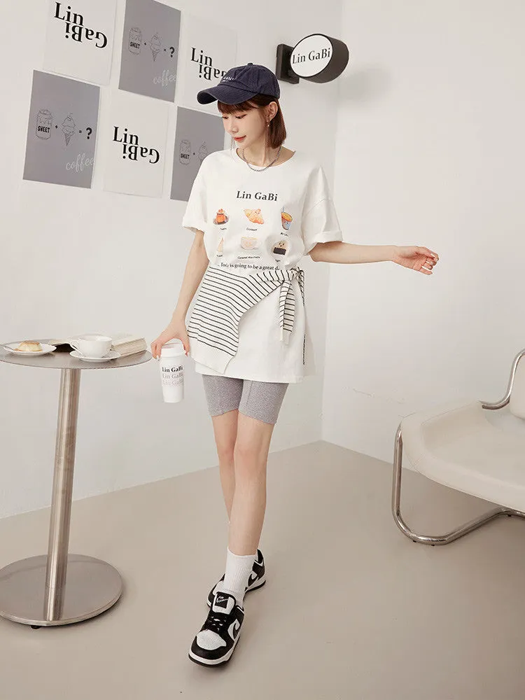Long Breakfast Print Cotton T-Shirt Top