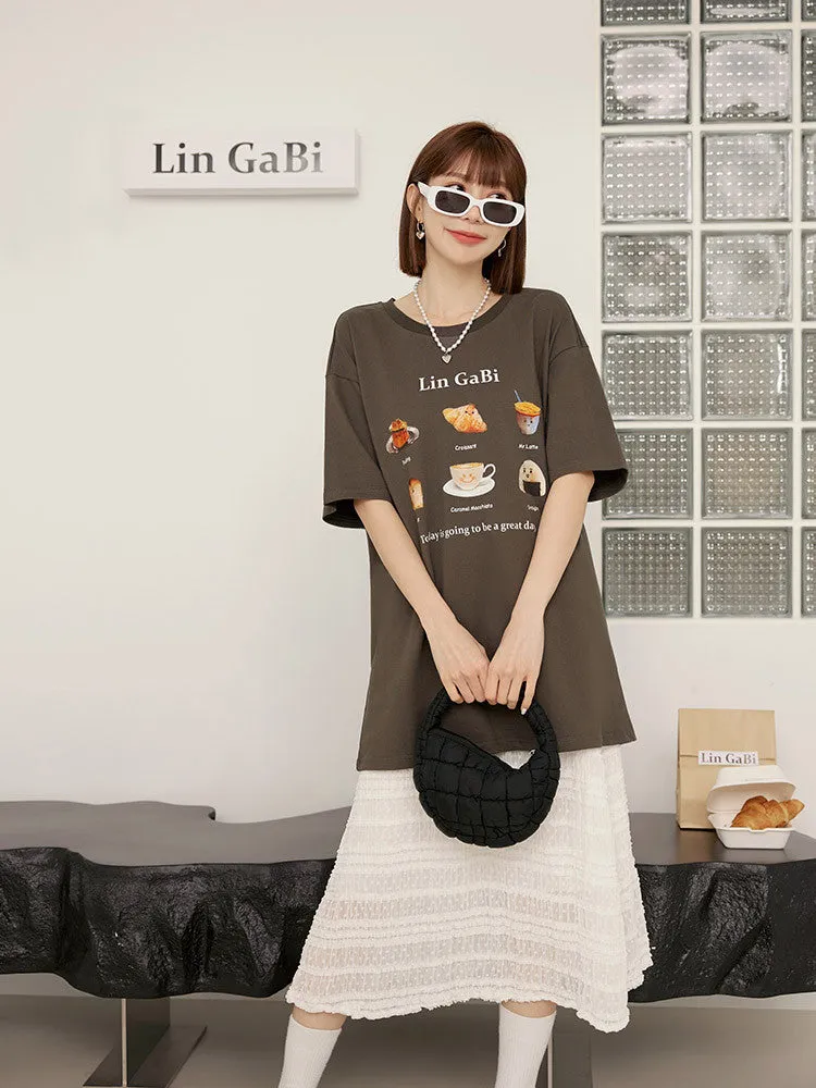 Long Breakfast Print Cotton T-Shirt Top