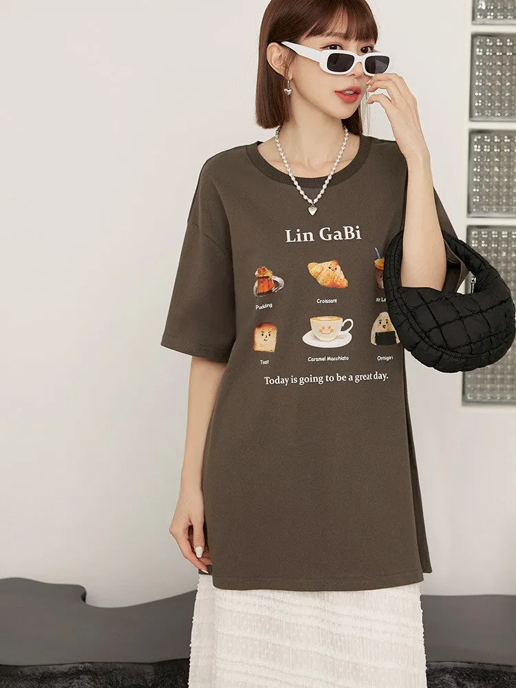 Long Breakfast Print Cotton T-Shirt Top