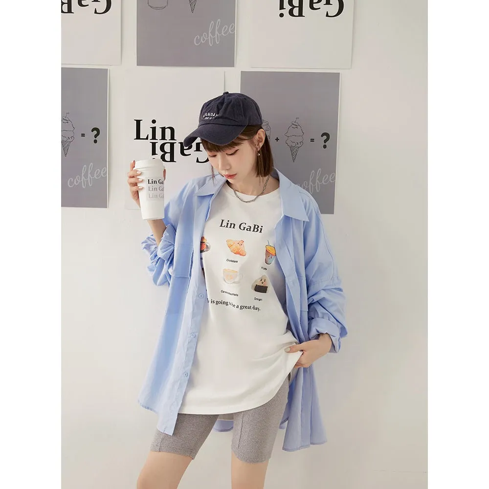 Long Breakfast Print Cotton T-Shirt Top