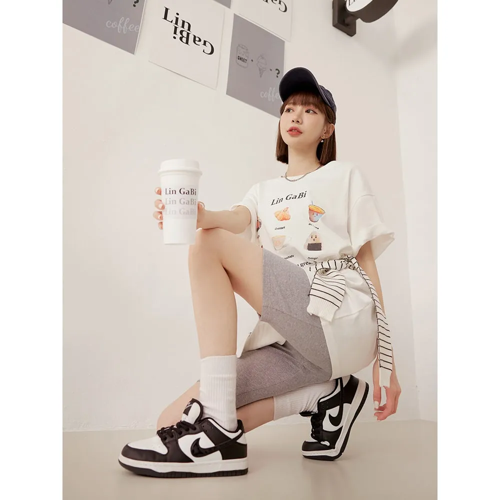 Long Breakfast Print Cotton T-Shirt Top