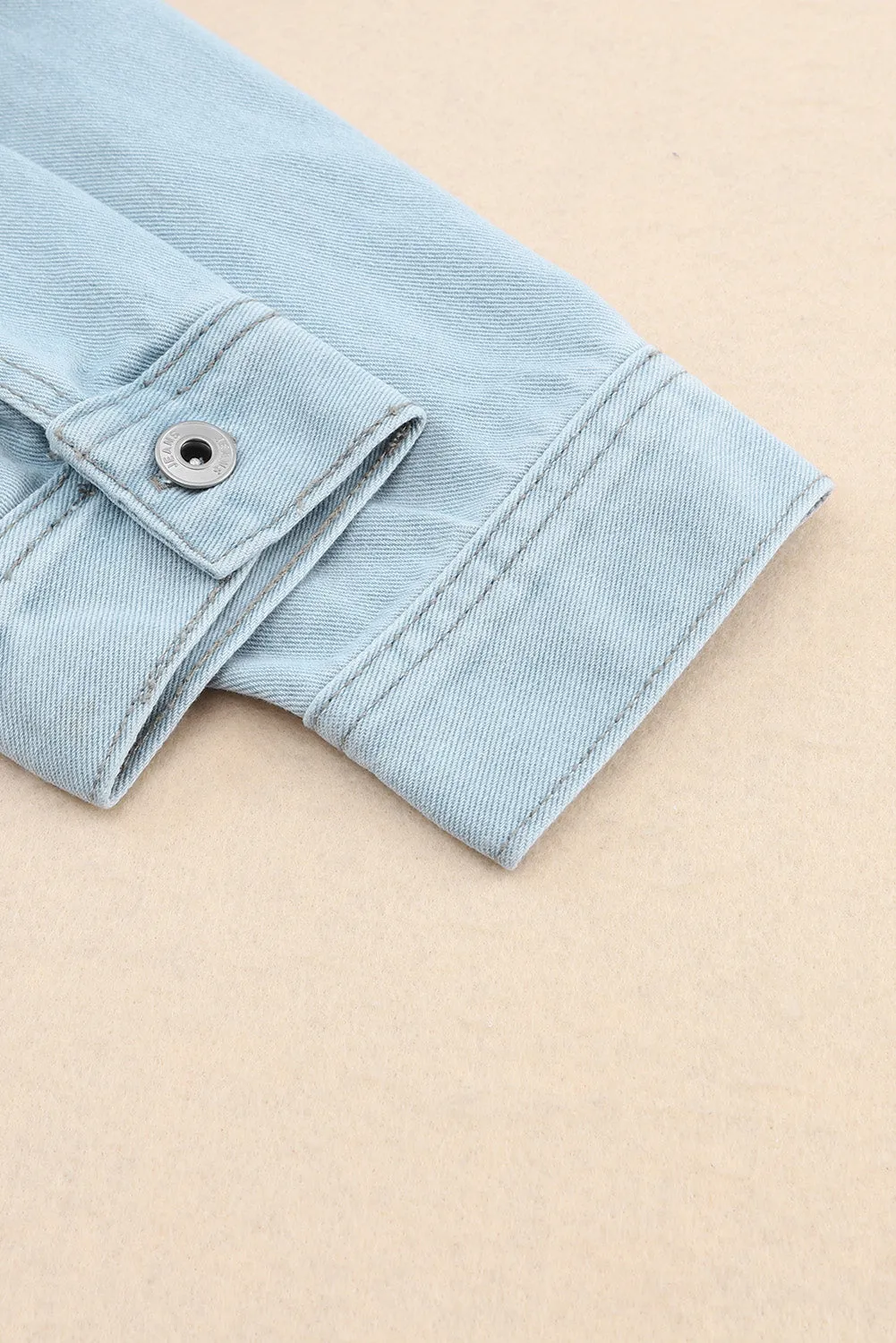 Long Sleeve Button-down Distressed Denim Blue Jean Shirt