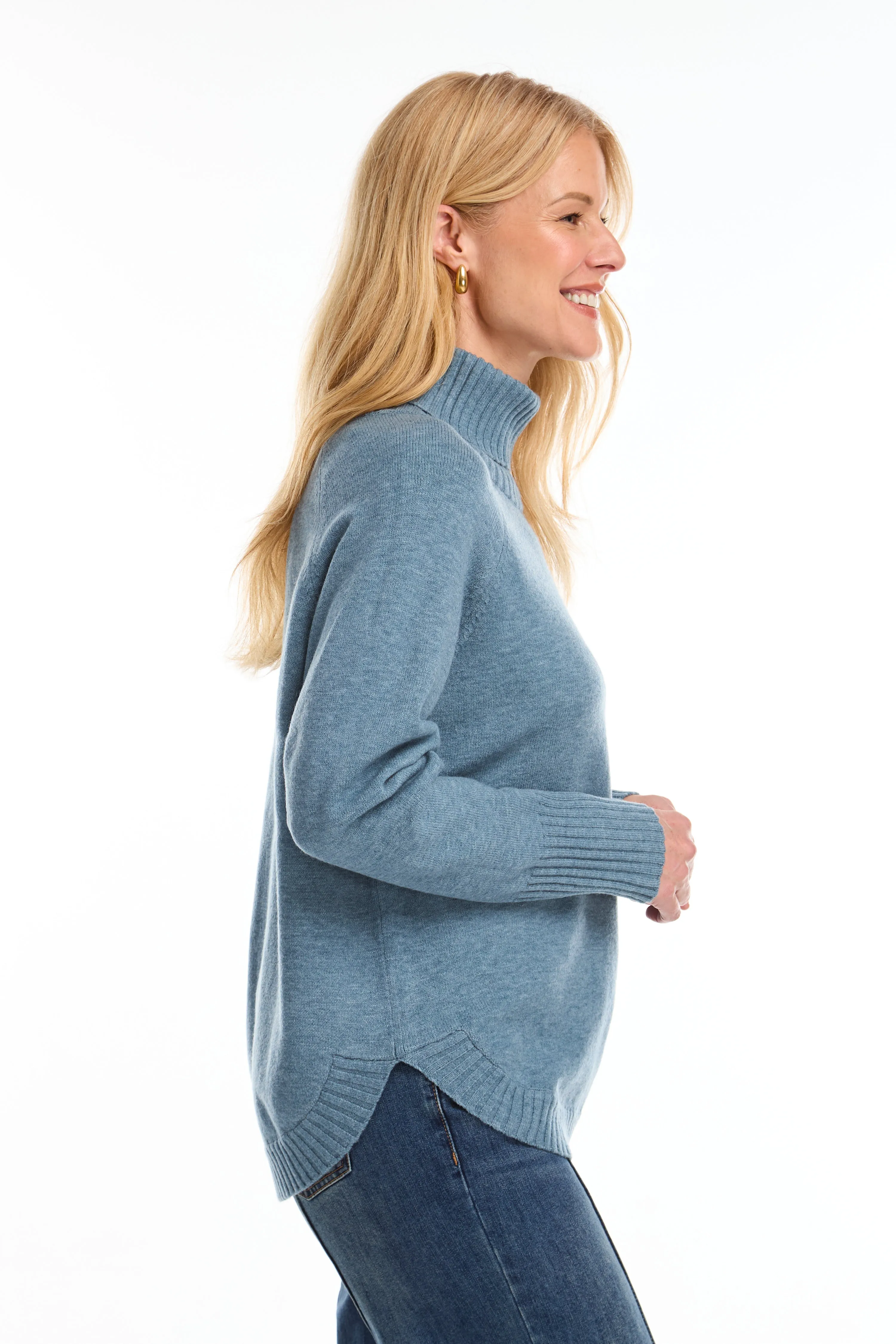 Long-Sleeve Cowl Neck Sweater, Blue