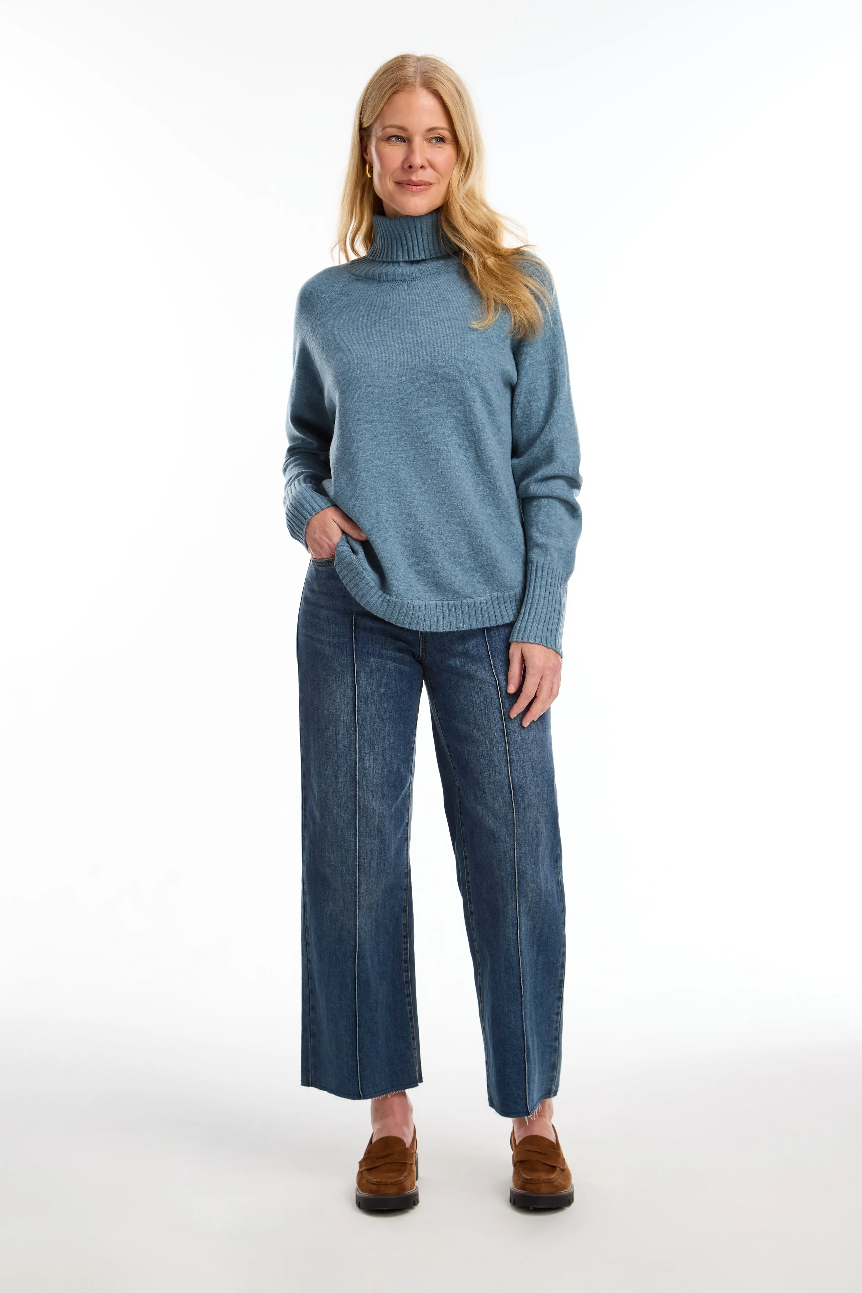 Long-Sleeve Cowl Neck Sweater, Blue