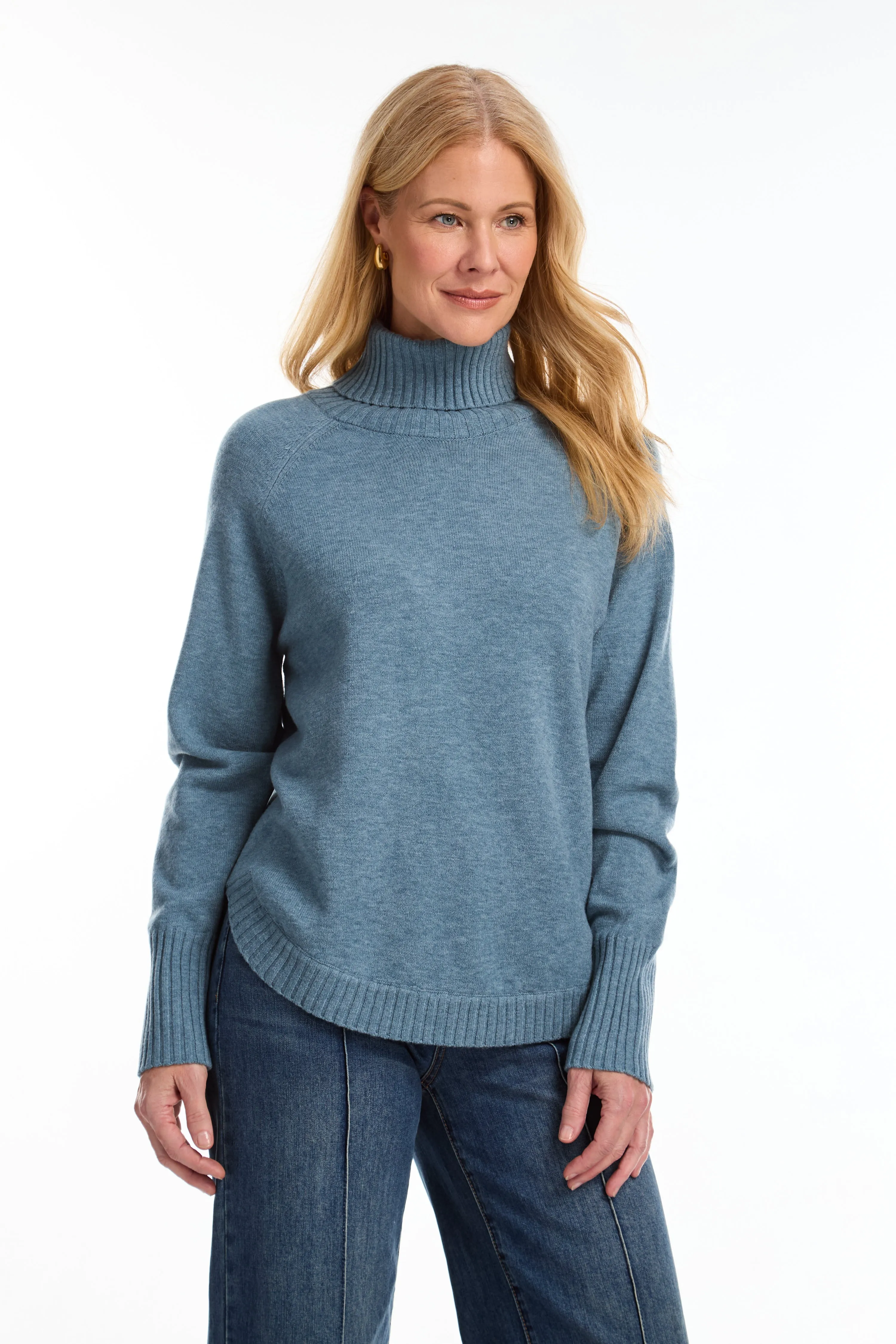 Long-Sleeve Cowl Neck Sweater, Blue