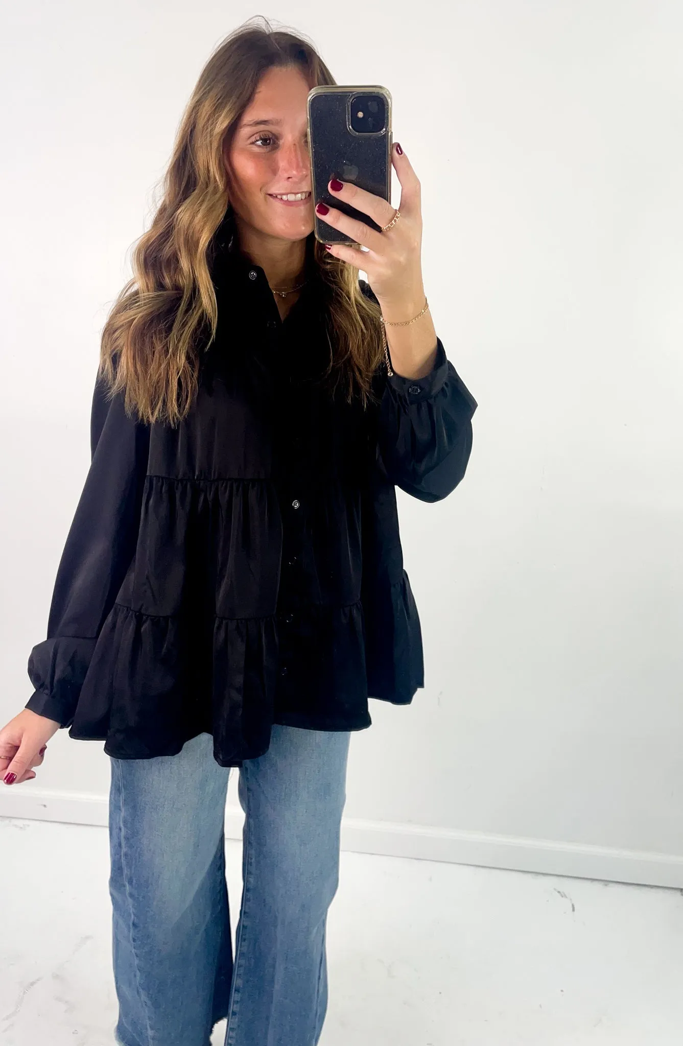 Long Sleeve Tiered Babydoll Satin Blouse
