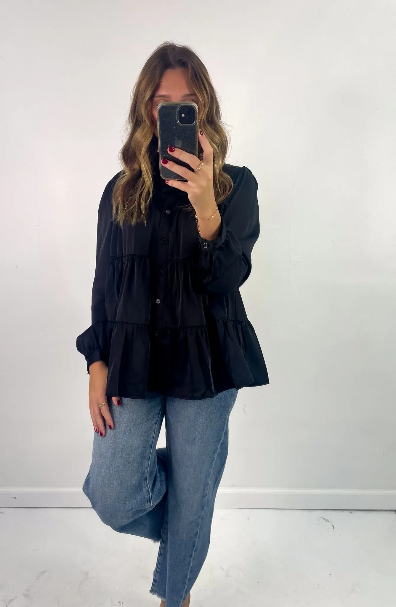 Long Sleeve Tiered Babydoll Satin Blouse