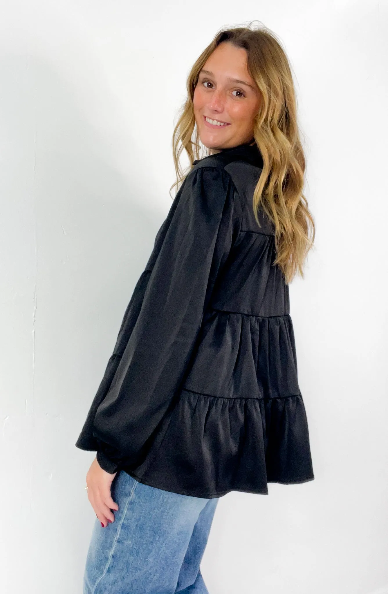 Long Sleeve Tiered Babydoll Satin Blouse
