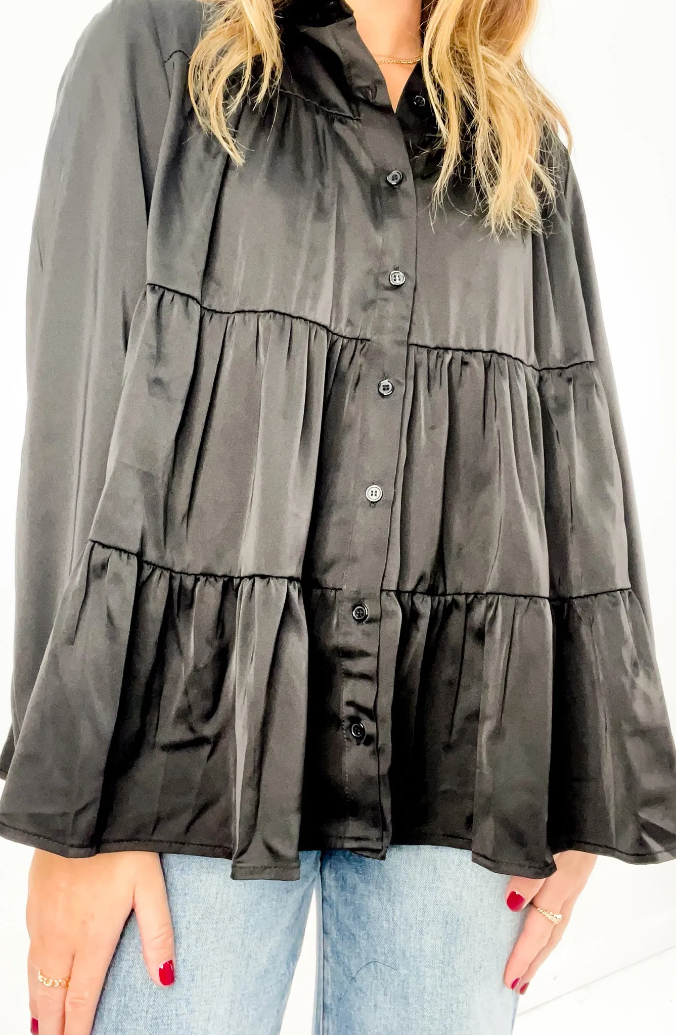 Long Sleeve Tiered Babydoll Satin Blouse