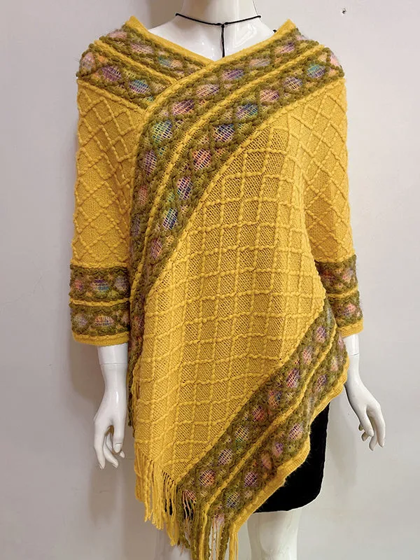 Loose Asymmetric Tasseled V-Neck Cape Shawl&Cloak
