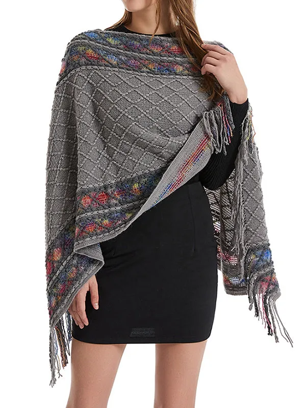 Loose Asymmetric Tasseled V-Neck Cape Shawl&Cloak