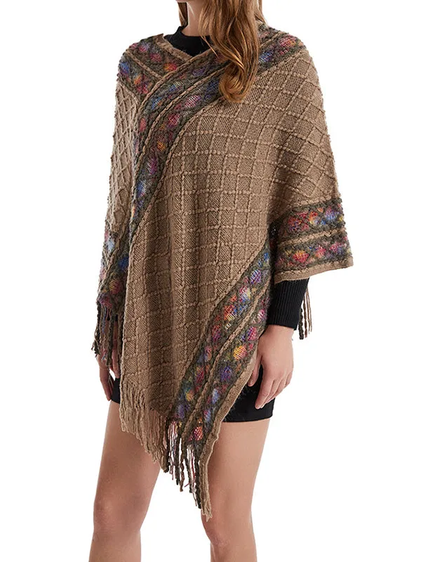Loose Asymmetric Tasseled V-Neck Cape Shawl&Cloak
