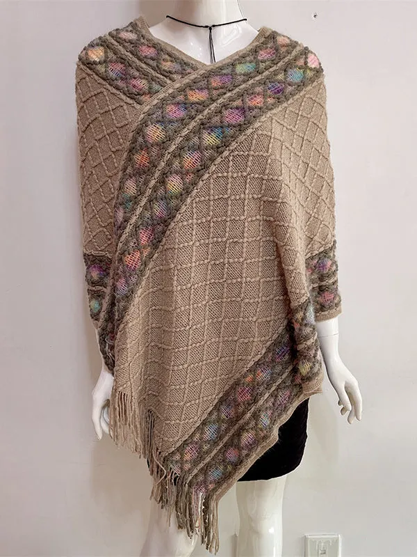 Loose Asymmetric Tasseled V-Neck Cape Shawl&Cloak