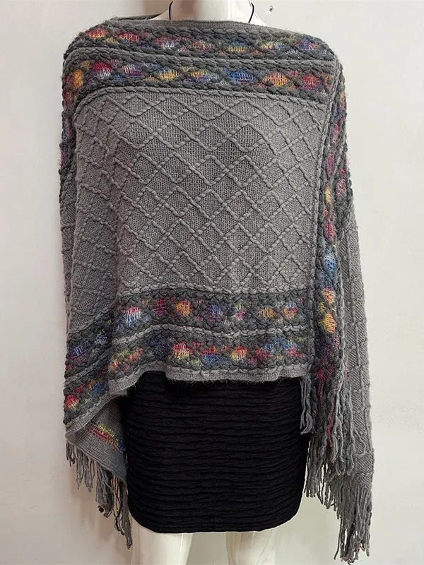 Loose Asymmetric Tasseled V-Neck Cape Shawl&Cloak