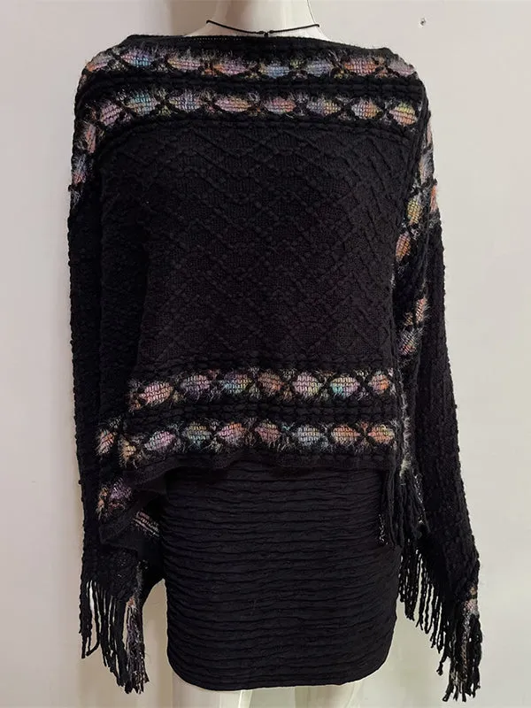 Loose Asymmetric Tasseled V-Neck Cape Shawl&Cloak