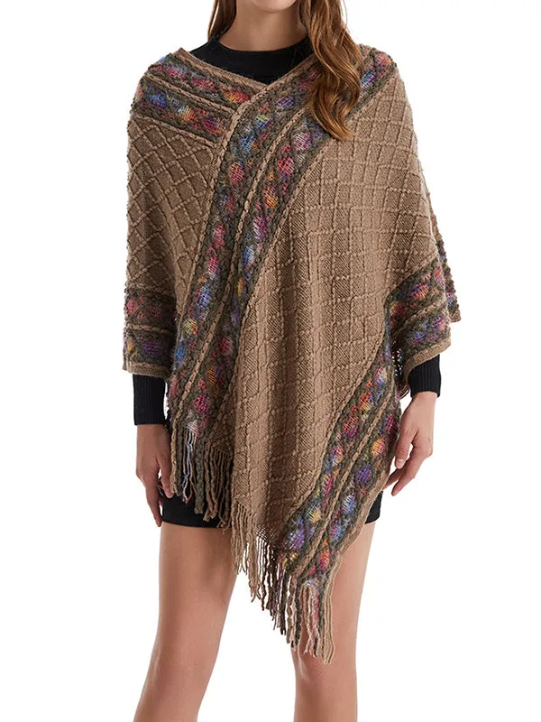 Loose Asymmetric Tasseled V-Neck Cape Shawl&Cloak