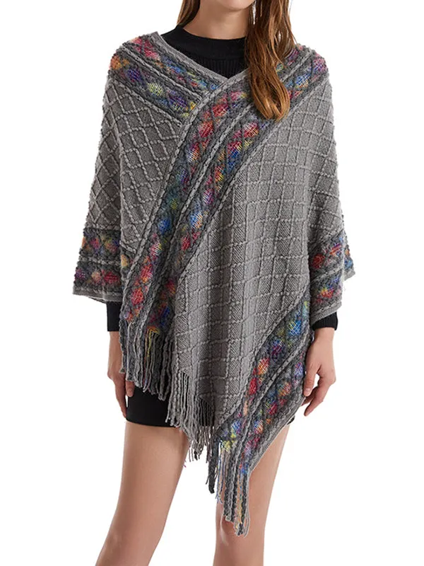 Loose Asymmetric Tasseled V-Neck Cape Shawl&Cloak