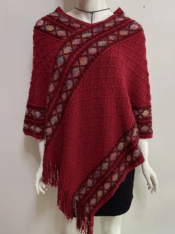Loose Asymmetric Tasseled V-Neck Cape Shawl&Cloak