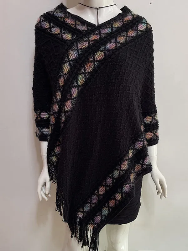 Loose Asymmetric Tasseled V-Neck Cape Shawl&Cloak