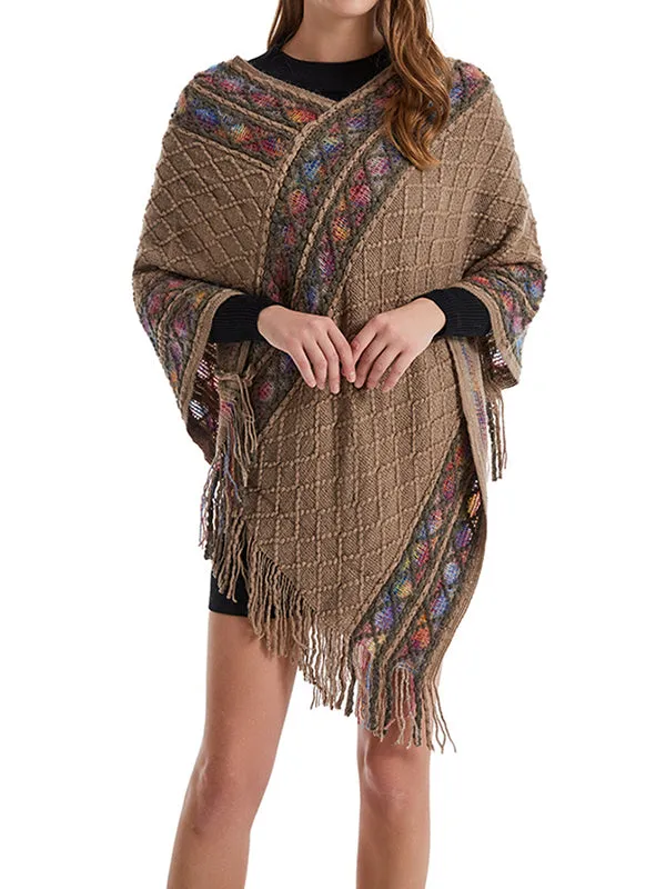 Loose Asymmetric Tasseled V-Neck Cape Shawl&Cloak