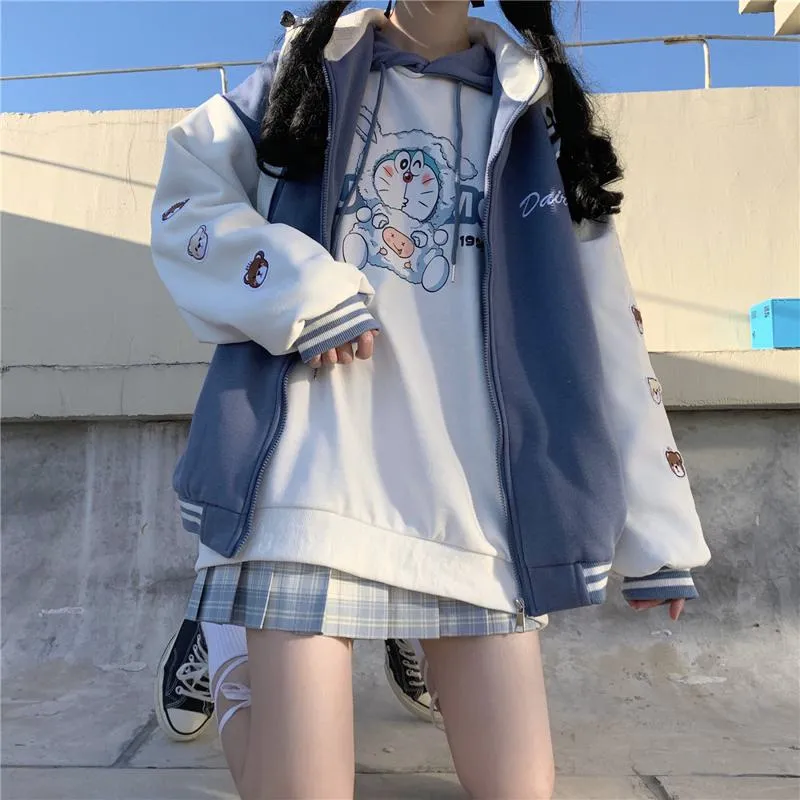 Loose Fit Thickened Hooded Varsity Jacket