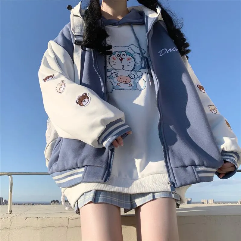 Loose Fit Thickened Hooded Varsity Jacket