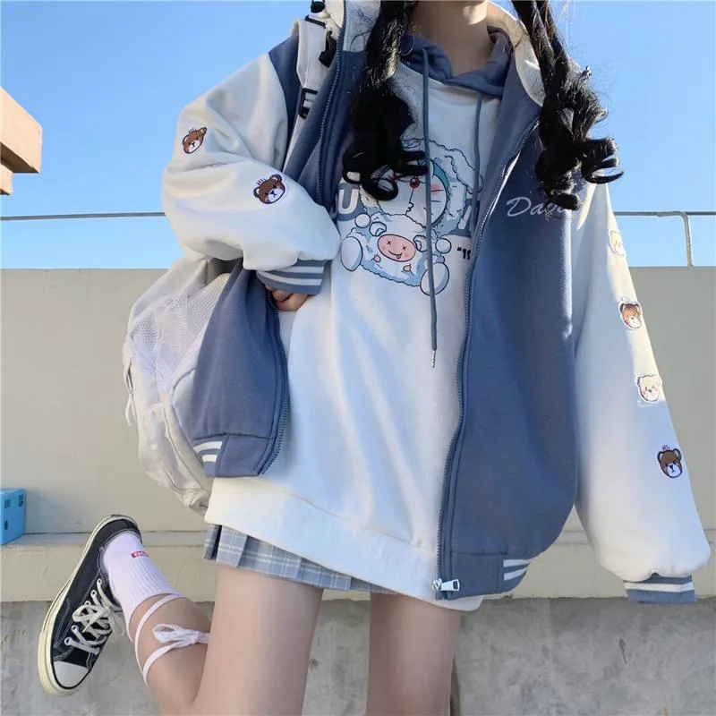 Loose Fit Thickened Hooded Varsity Jacket