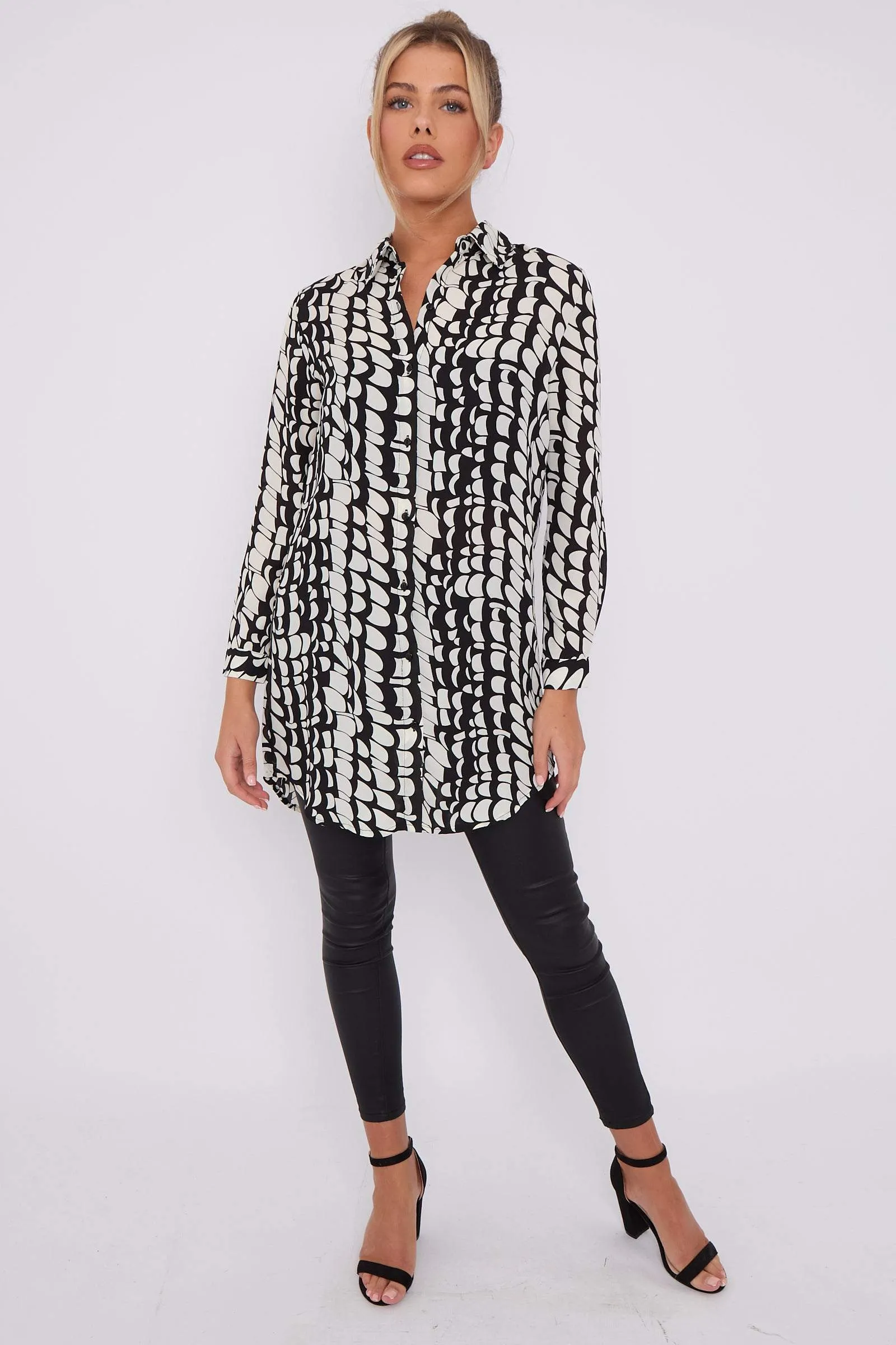 LOVE SUNSHINE Black Geo Print Chiffon Long Shirt