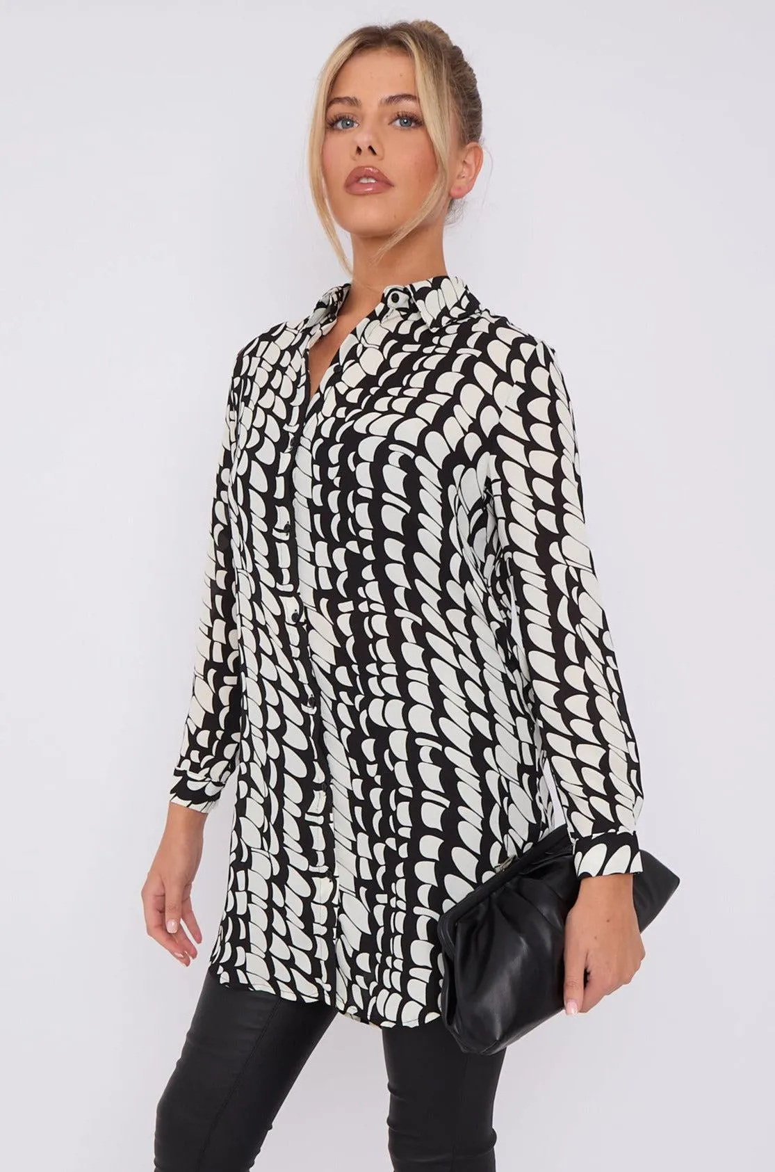 LOVE SUNSHINE Black Geo Print Chiffon Long Shirt