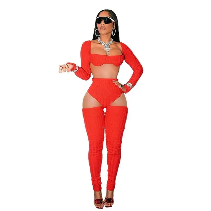 LovelyRLovely Women Hollow-out Midriff-baring Ripped Trousers Suit