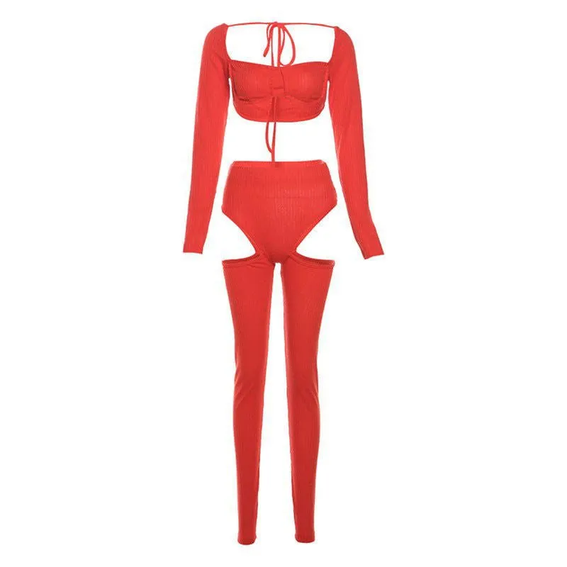 LovelyRLovely Women Hollow-out Midriff-baring Ripped Trousers Suit