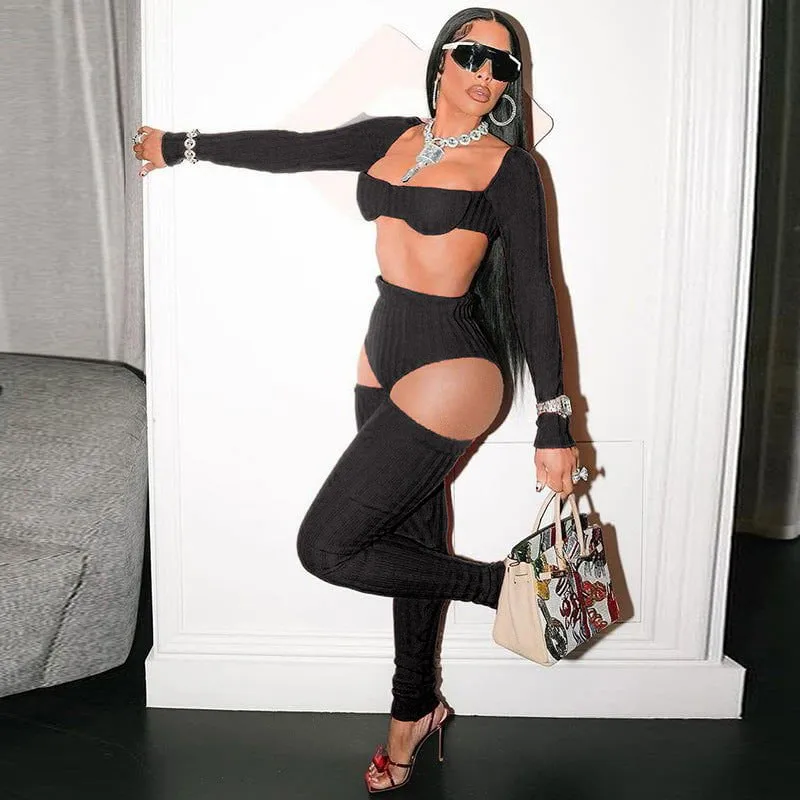 LovelyRLovely Women Hollow-out Midriff-baring Ripped Trousers Suit