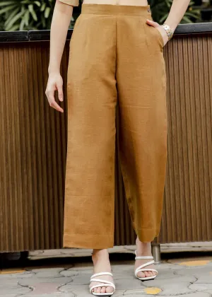 Luna - Ankle Length Pure Linen Trousers - Dark Khaki