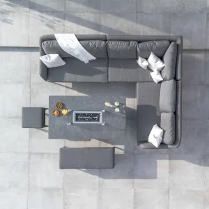 Luna Outdoor Fabric Rectangular Corner Dining Set with Rising Firepit Table in Grey (Right Hand)