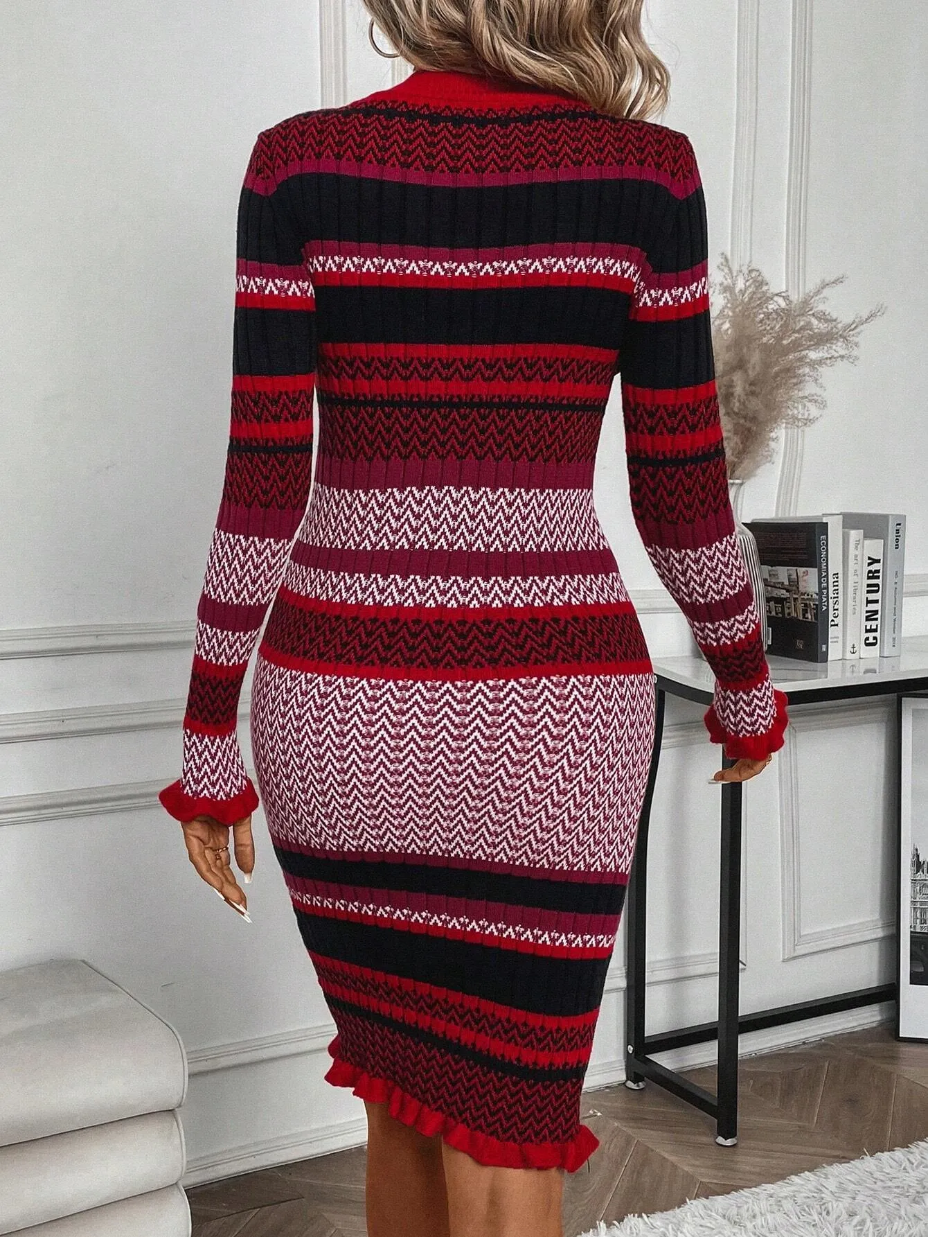 LUNE Striped Pattern Sweater Bodycon Dress