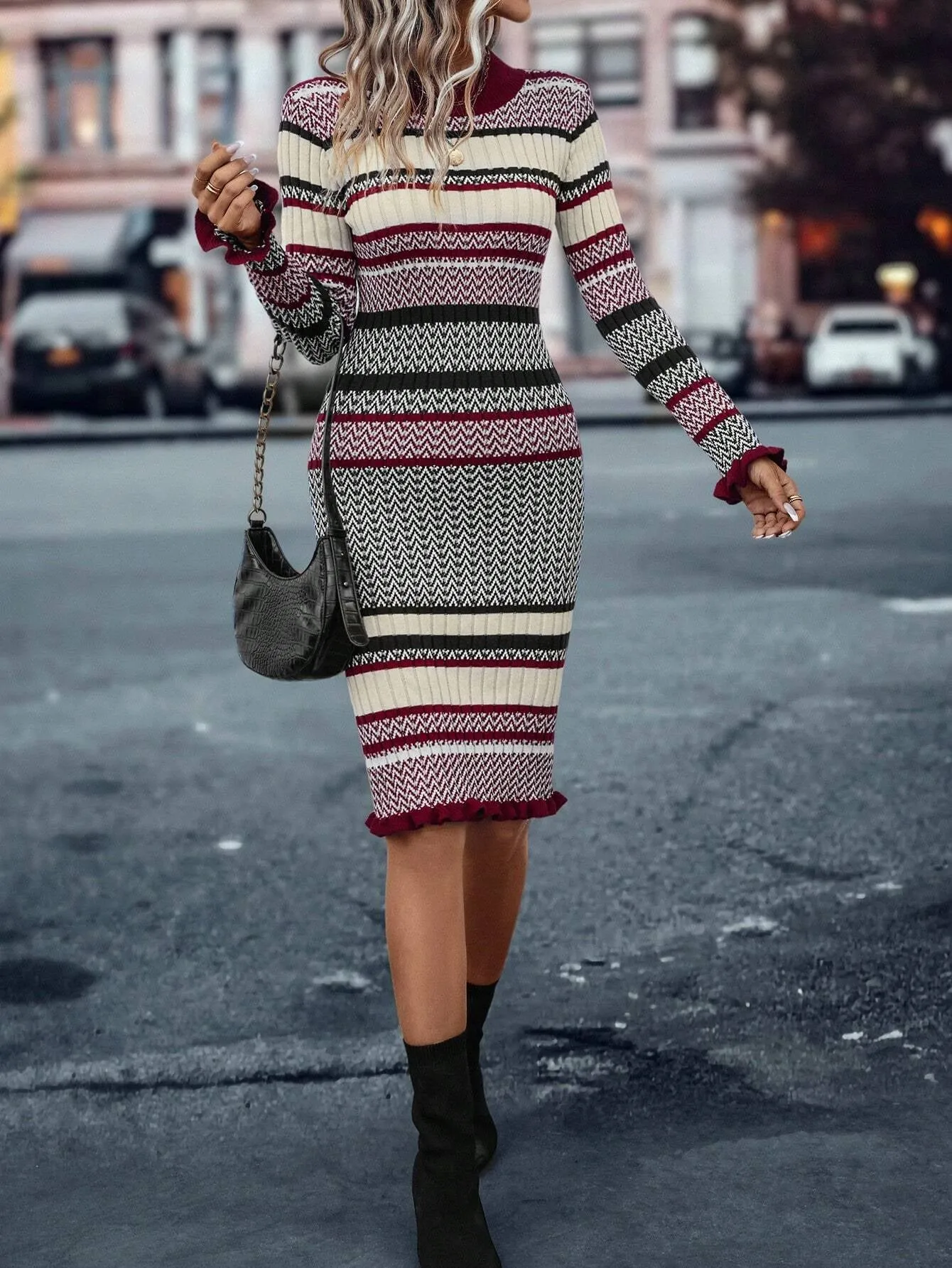 LUNE Striped Pattern Sweater Bodycon Dress