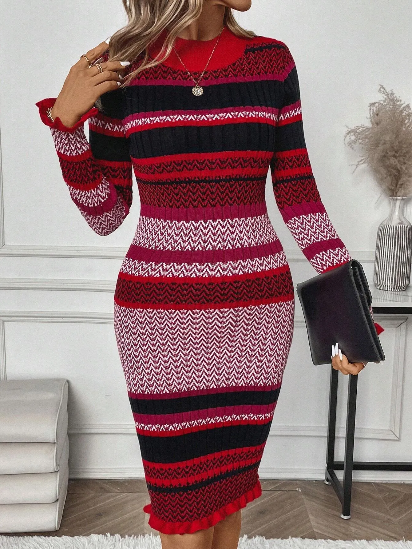 LUNE Striped Pattern Sweater Bodycon Dress