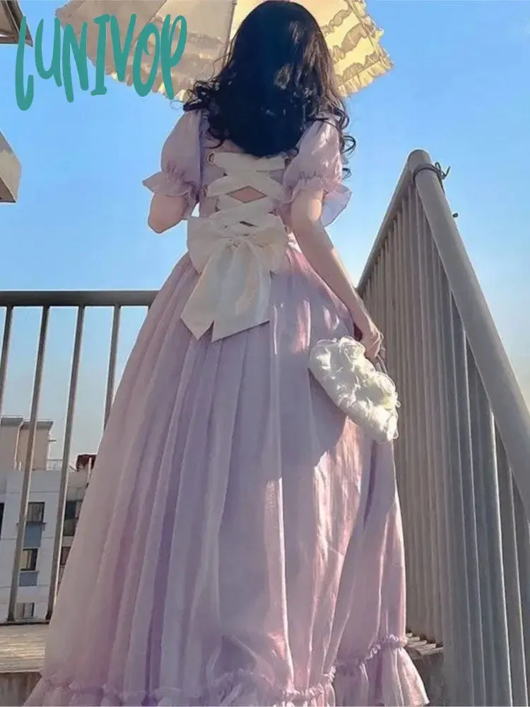 Lunivop Elegant France Vintage Mesh Dress Women Summer Purple Long Dress Retro Evening Party Dress Sweet Korean Princess Fairy Dress prom dress