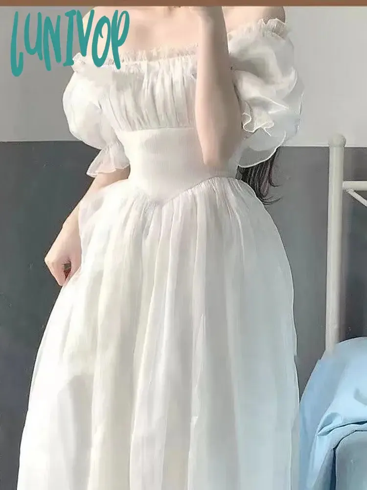 Lunivop Elegant France Vintage Mesh Dress Women Summer Purple Long Dress Retro Evening Party Dress Sweet Korean Princess Fairy Dress prom dress