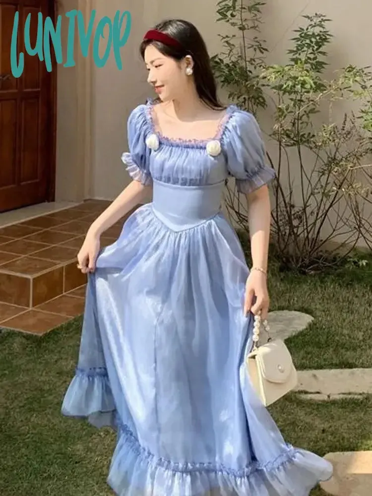 Lunivop Elegant France Vintage Mesh Dress Women Summer Purple Long Dress Retro Evening Party Dress Sweet Korean Princess Fairy Dress prom dress