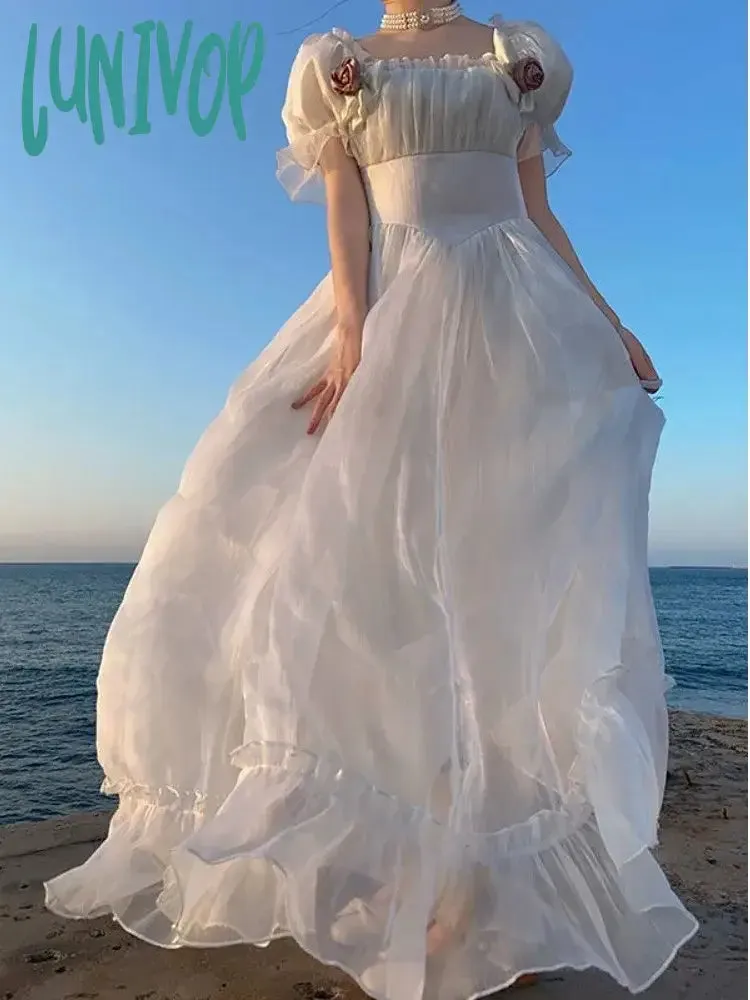 Lunivop Elegant France Vintage Mesh Dress Women Summer Purple Long Dress Retro Evening Party Dress Sweet Korean Princess Fairy Dress prom dress