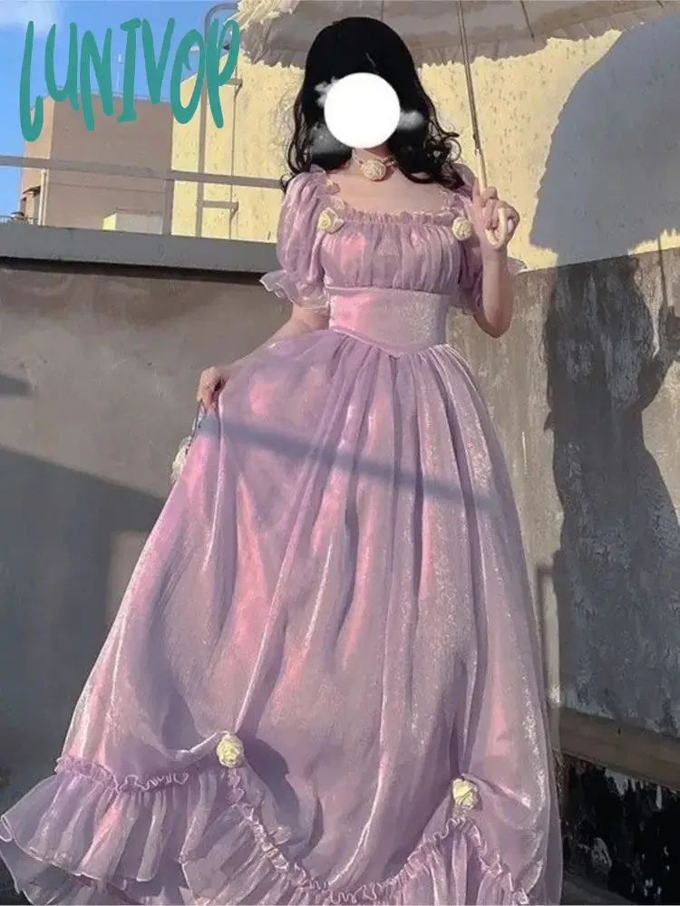 Lunivop Elegant France Vintage Mesh Dress Women Summer Purple Long Dress Retro Evening Party Dress Sweet Korean Princess Fairy Dress prom dress