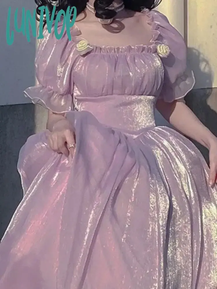Lunivop Elegant France Vintage Mesh Dress Women Summer Purple Long Dress Retro Evening Party Dress Sweet Korean Princess Fairy Dress prom dress
