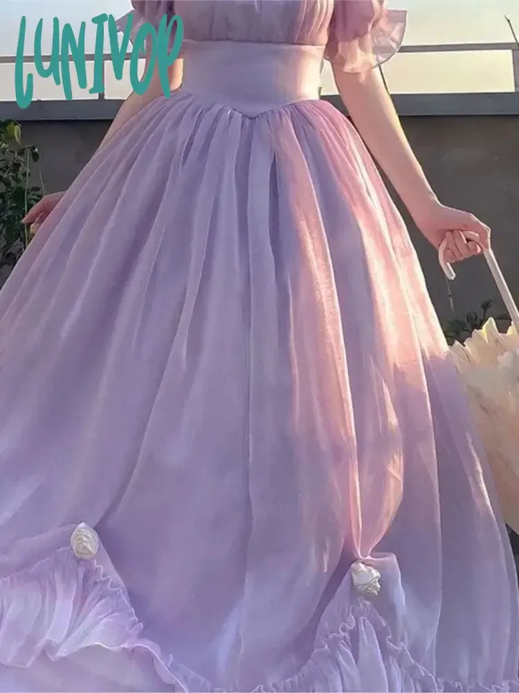 Lunivop Elegant France Vintage Mesh Dress Women Summer Purple Long Dress Retro Evening Party Dress Sweet Korean Princess Fairy Dress prom dress