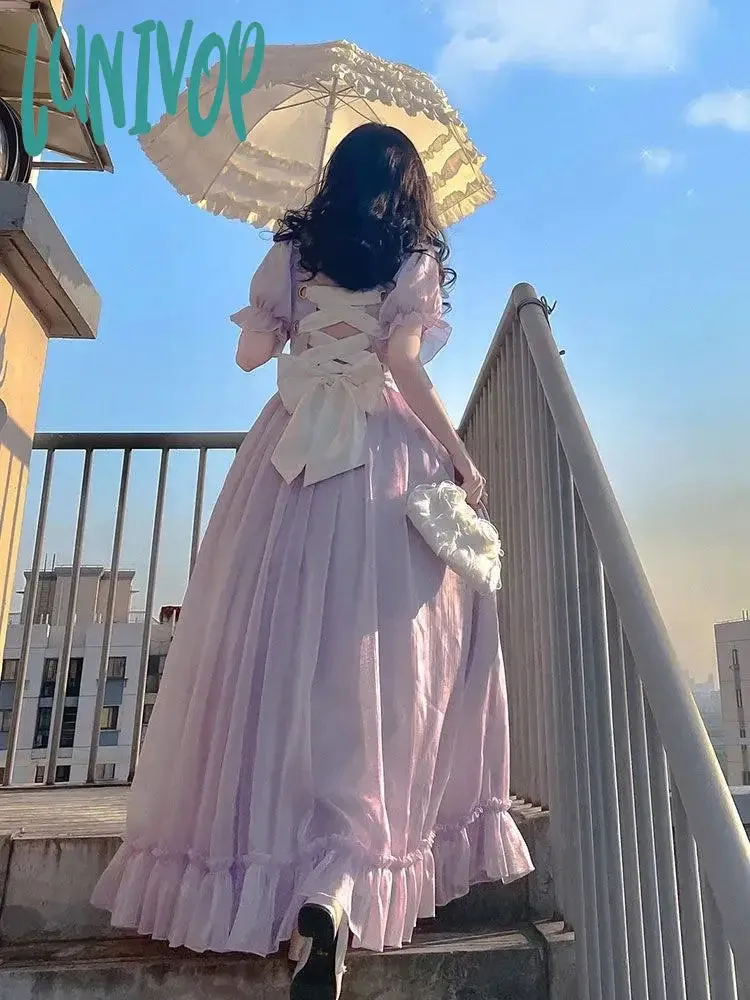 Lunivop Elegant France Vintage Mesh Dress Women Summer Purple Long Dress Retro Evening Party Dress Sweet Korean Princess Fairy Dress prom dress