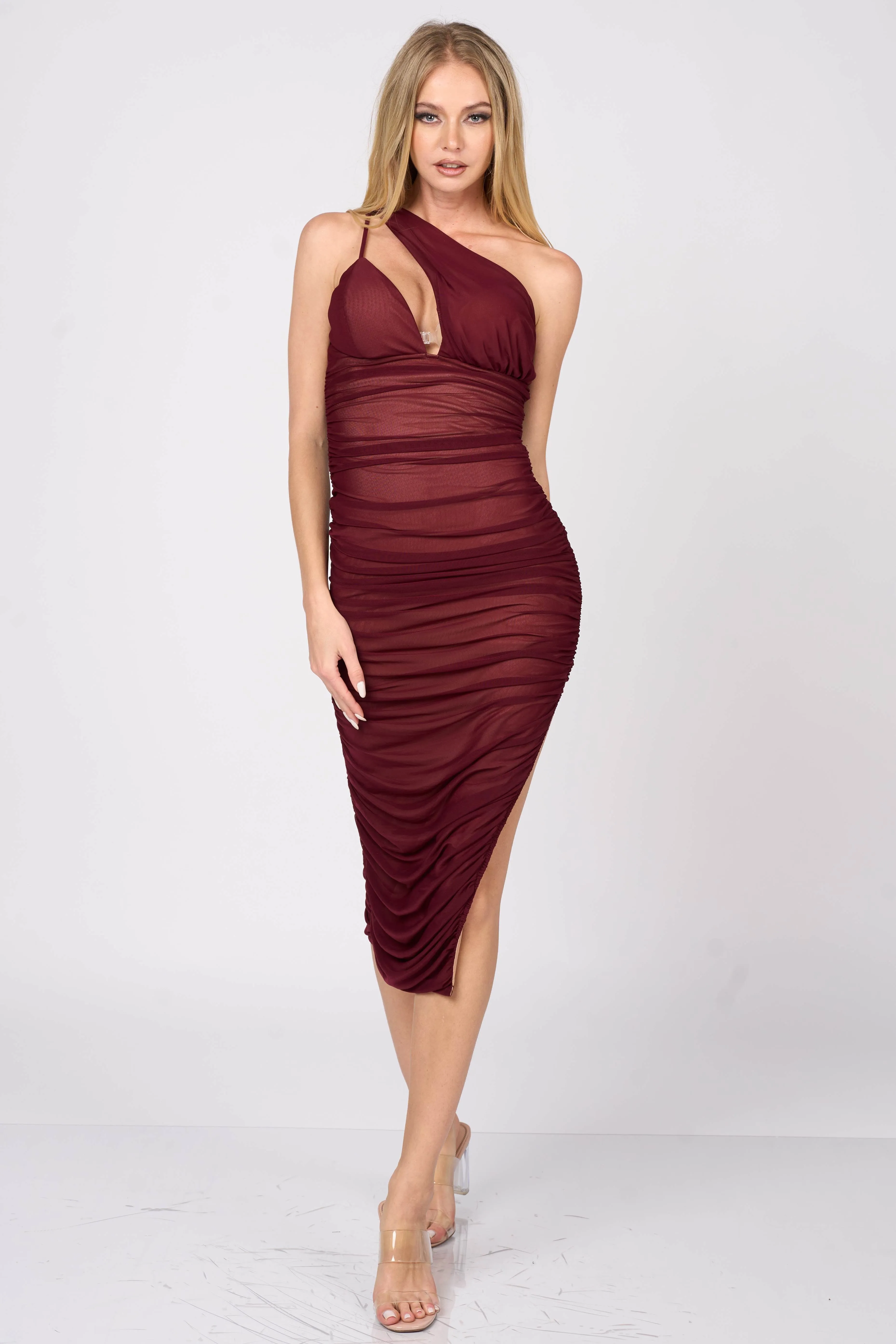 LUXE MESH ASYMMETRIC ONE SHOULDER CUTOUT MIDI RESS