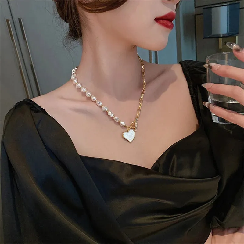 Luxurious Multi-Style Pearl Accented Chain with Heart Pendant Necklaces