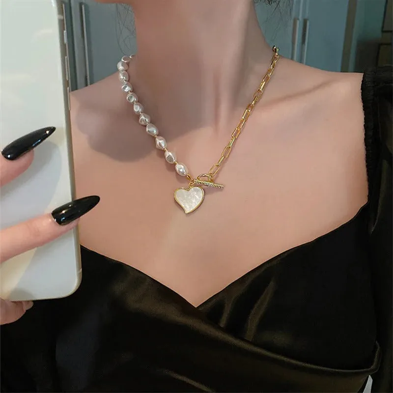 Luxurious Multi-Style Pearl Accented Chain with Heart Pendant Necklaces